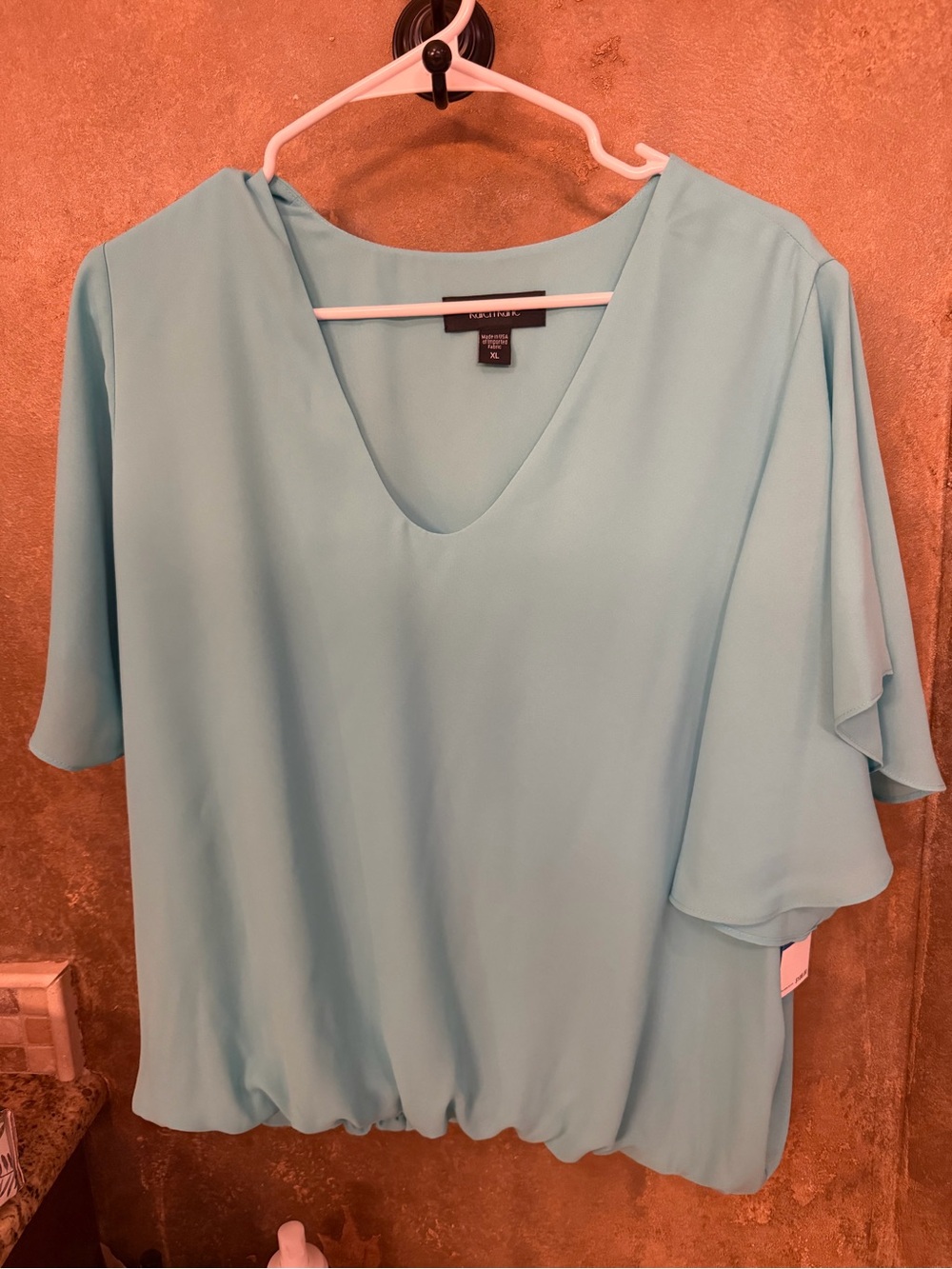 Karen Kane Light Aqua V-Neck Flutter Sleeve Blouse